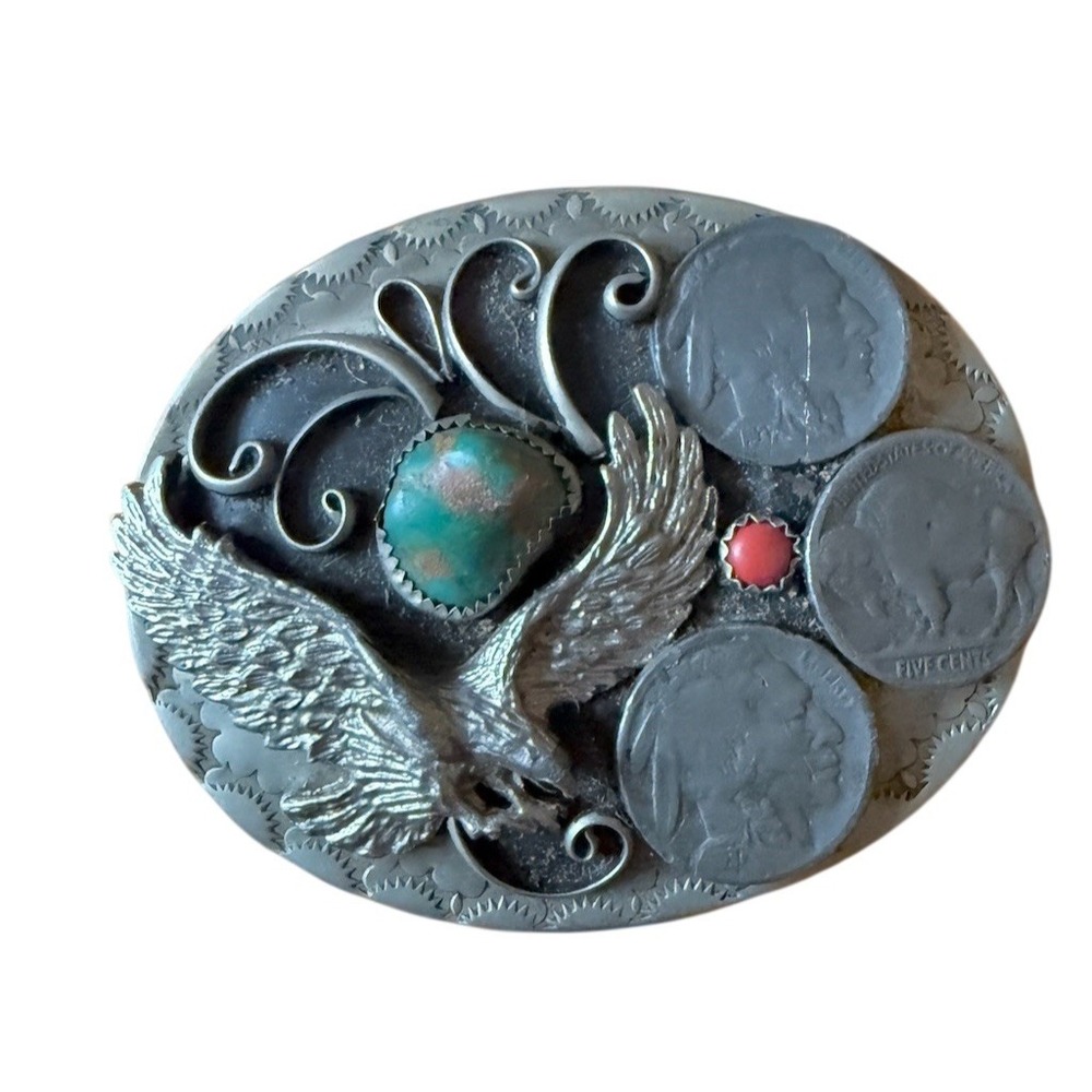 Vintage Western Oval Belt Buckle Raised Eagle Buffalo Nickel Turquoise biker